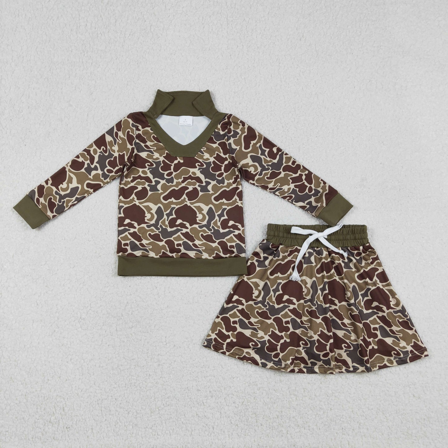 RTS NO MOQ（In Stock) Brown-Green Camouflage Long-Sleeve Skirt Set