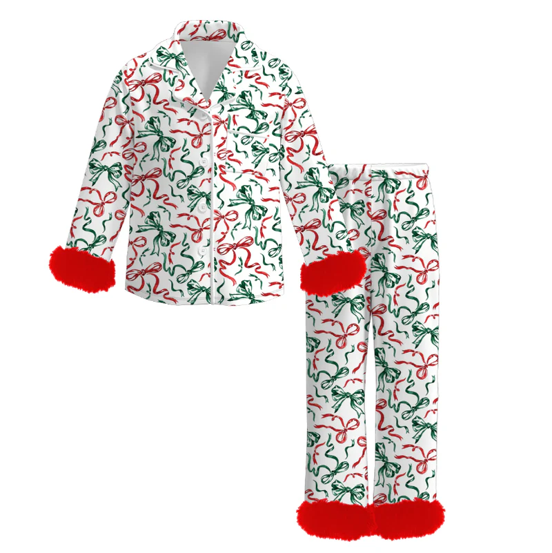 Custom moq 5 each style eta 6-7weeks Christmas bow baby girl long sleeve pant sets and adult sets