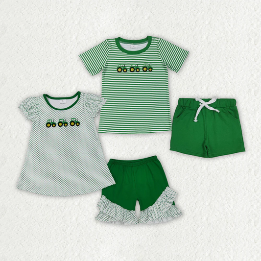 RTS NO MOQ Sibling baby boys girls clothes Embroidered Short Sleeve Green Shorts Sets