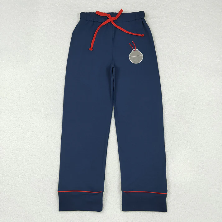 RTS NO MOQ Embroidered train-bell-card-cup pattern dark blue long-sleeved suit & adult trousers