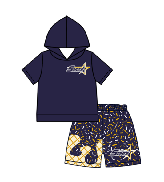 Custom moq 5 mix size milk silk summer teams baby boys clothes navy blue hooded short sleeve shorts sets-25.10.27