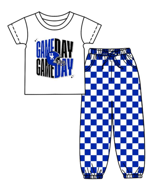 Custom summer teams baby boy clothes team GAME DAY blue plaid short sleeve pants sets-25.8.22