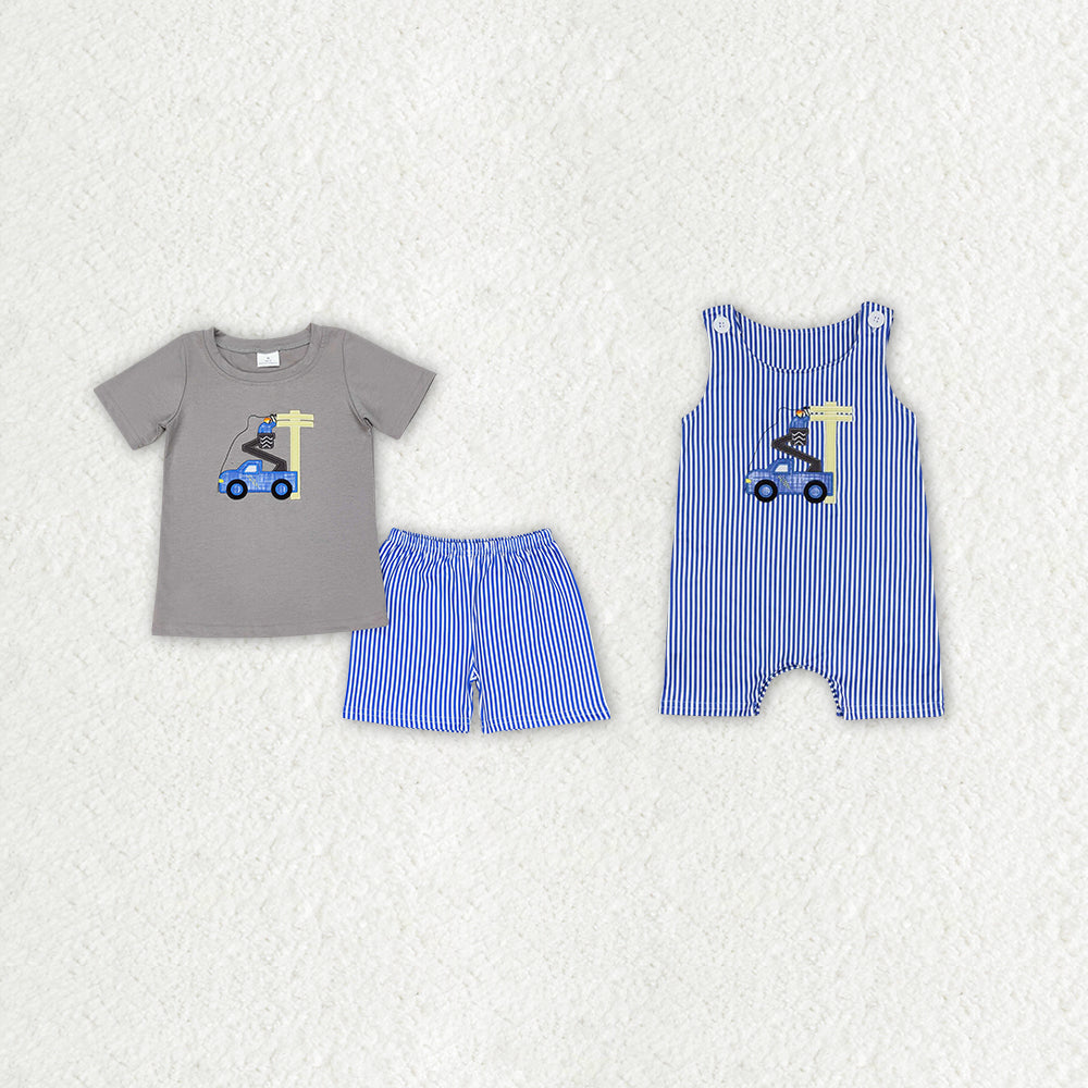 RTS NO MOQ Embroidered Maintenance Pole Truck Pattern Blue Striped Jumpsuit & Short Sleeve Shorts Set