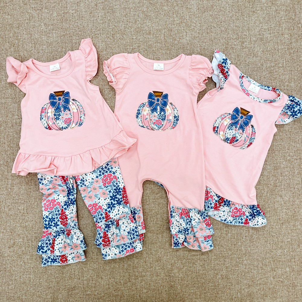 RTS NO MOQ Sibling baby Girls clothes halloween embroidery pumpkin short sleeve pants Sets dress romper