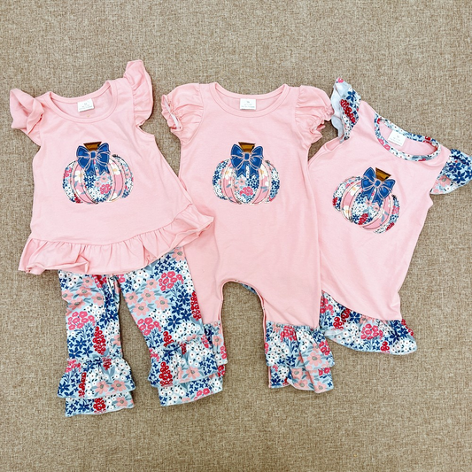 RTS NO MOQ Sibling baby Girls clothes halloween embroidery pumpkin short sleeve pants Sets dress romper