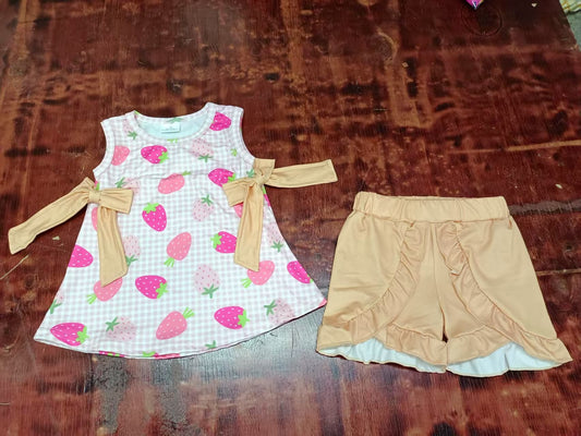 Custom moq 3 eta 6-7weeks baby girls clothes strawberry sleeveless shorts sets-25.5.12