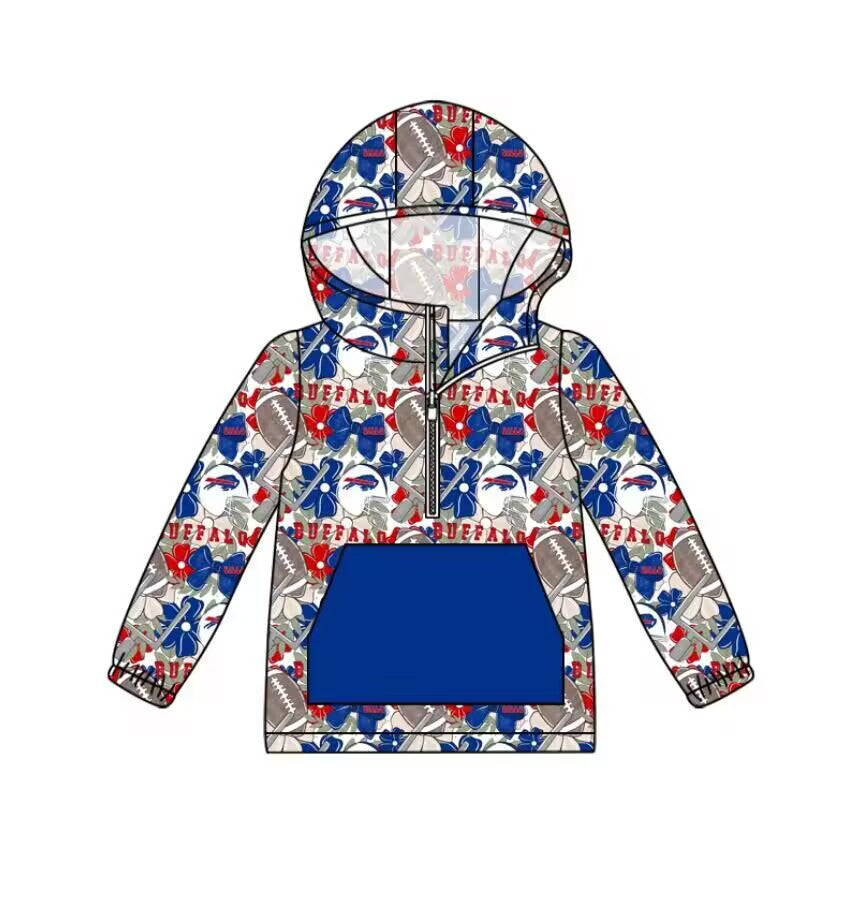 Custom moq 3 eta 6-7weeks team baby boys clothes BUFFALO blue hooded long sleeve top