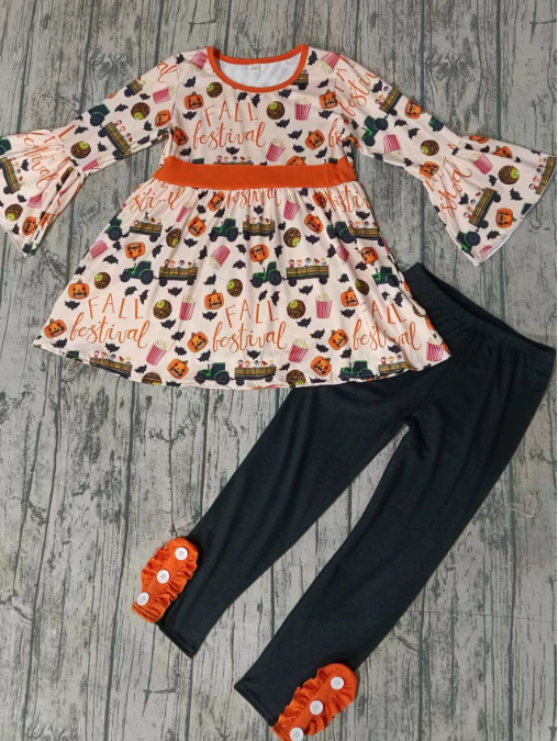 Custom moq 3 eta 6-7weeks  Orange Pink Pumpkin Bat Train Long Sleeve Bell Sleeve Top - Black Pants Set