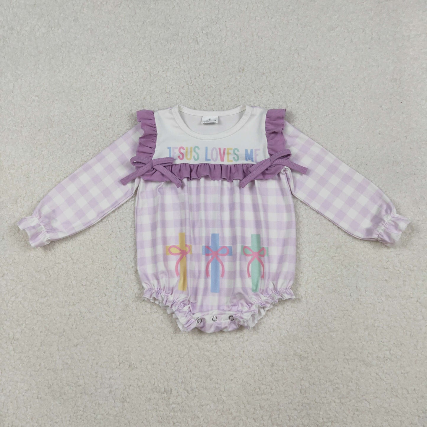 RTS NO MOQ（In Stock) LR2740 Jesus loves me bow pattern cross lace plaid long-sleeved bodysuit