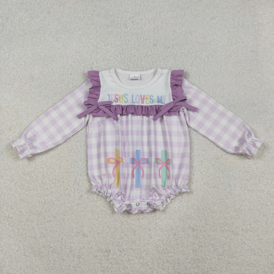 RTS NO MOQ（In Stock) LR2740 Jesus loves me bow pattern cross lace plaid long-sleeved bodysuit