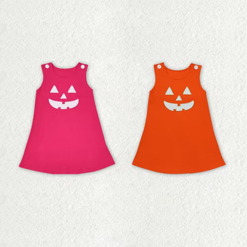 RTS NO MOQ Embroidered Pumpkin Face Button Sleeveless Dress; Pink & Orange