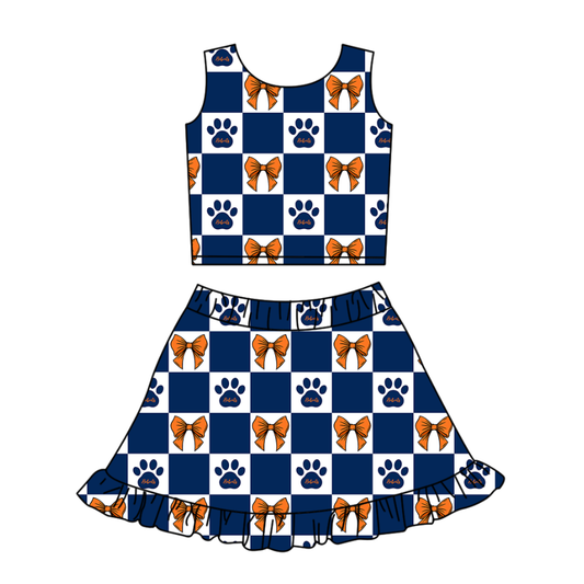 Custom moq 3 or 5 mix size milk silk summer teams baby girl clothes bow blue sleeveless skirts sets