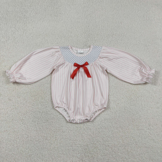 RTS NO MOQ（In Stock) Embroidered Red Bow Pink Striped Long-Sleeve Jumpsuit