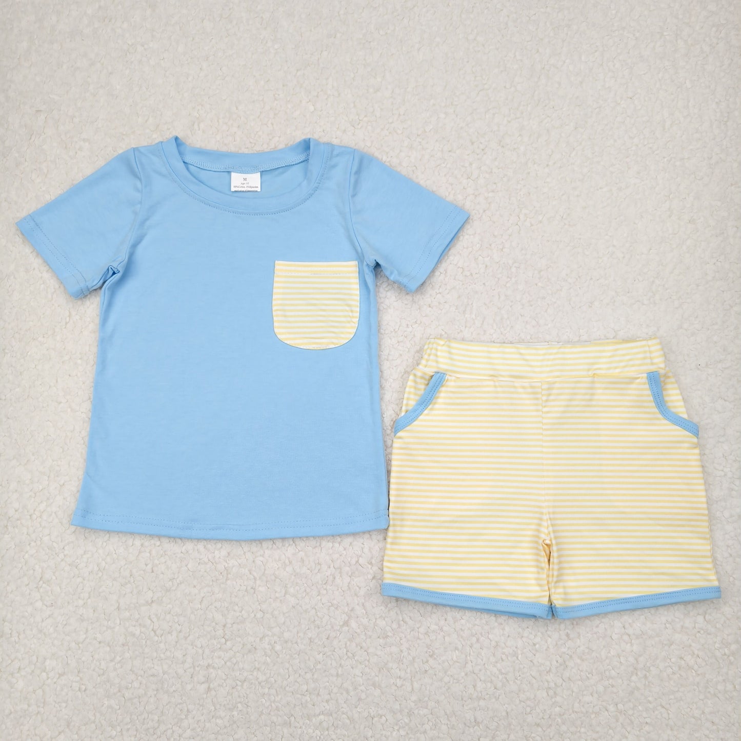 RTS NO MOQ BSSO1393 Yellow-green striped pocket blue short-sleeved shorts set