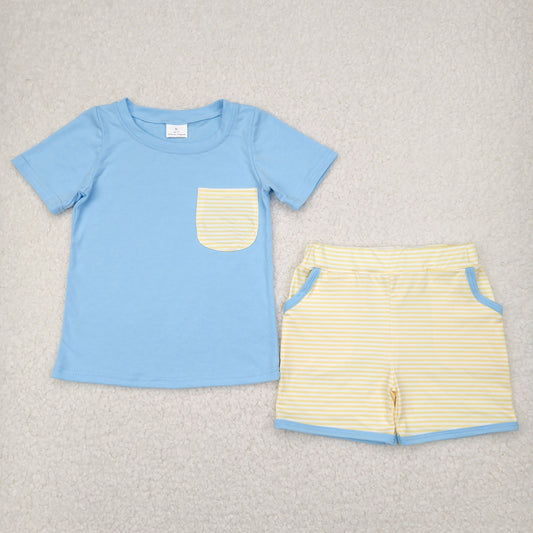 RTS NO MOQ BSSO1393 Yellow-green striped pocket blue short-sleeved shorts set
