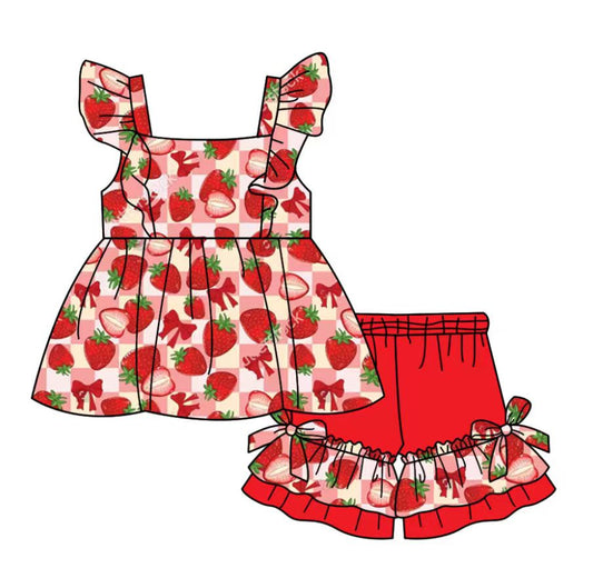 Custom moq 5 mix size milk silk baby girl clothes strawberry bow flying sleeve shorts sets and dresses 2