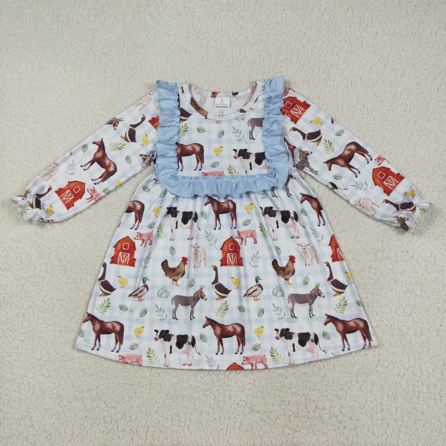 RTS NO MOQ（In Stock) farm animals red house blue lace plaid long sleeve dress