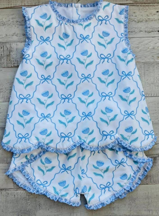 Custom moq 5 mix size milk silk Baby Girl Blue Floral  Sleeveless Top And Shorts Summer Outfit Set