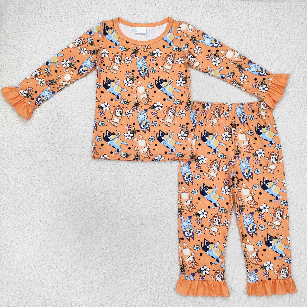 rts no moq GLP1184 girls flower orange long sleeve long pants pajama set