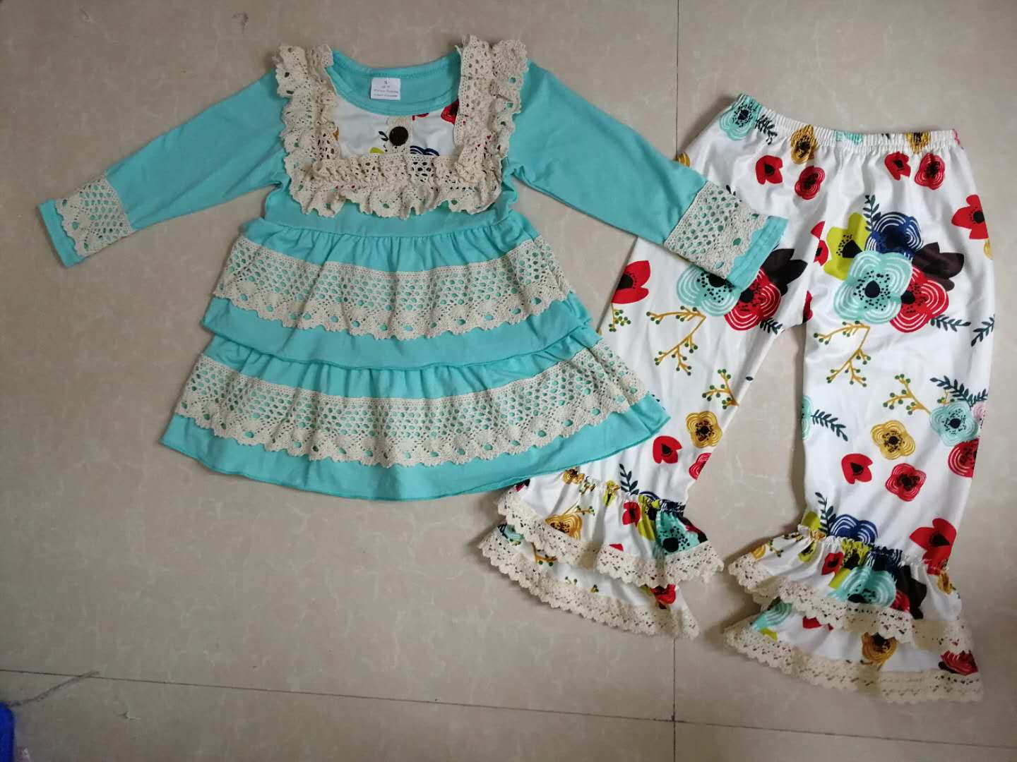 custom moq 5top cotton with lace top with ruffle pants flowers pants