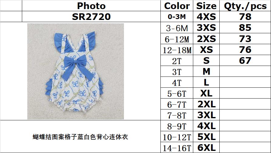 RTS NO MOQ ETA 5/7days arrived SR2720 Bow pattern plaid blue and white vest jumpsuit