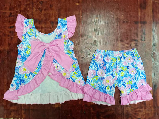 Custom moq 3 eta 6-7weeks baby girls clothes pattern blue flying sleeve shorts sets
