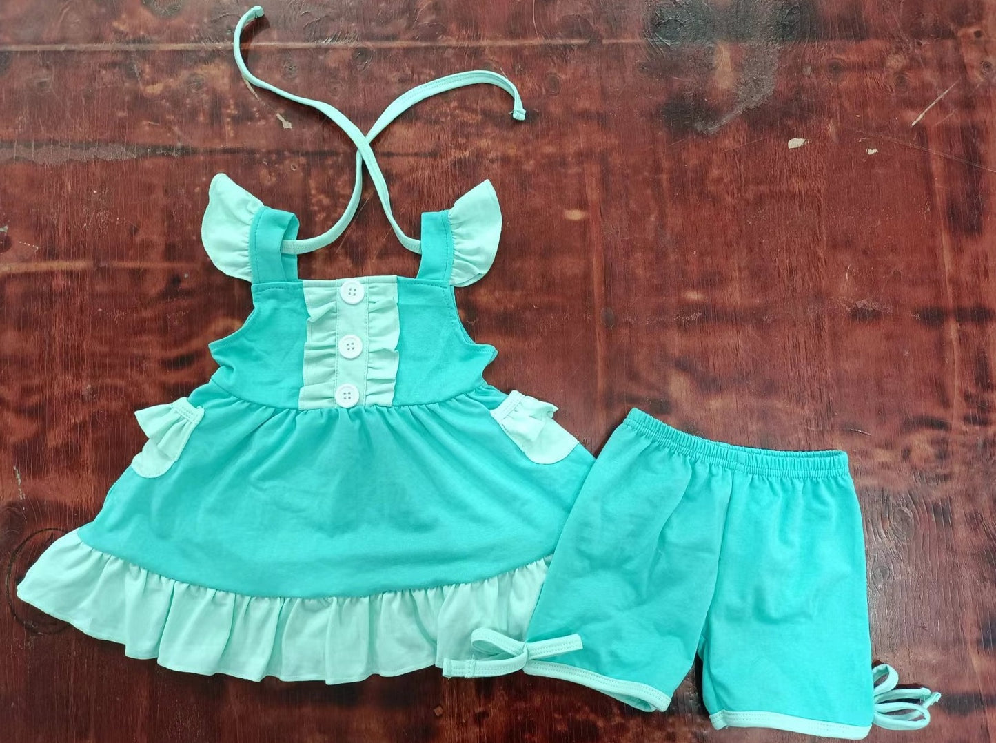 custom moq 5 eta 5weeks summe baby girls clothes sky blue flying sleeve shorts Set
