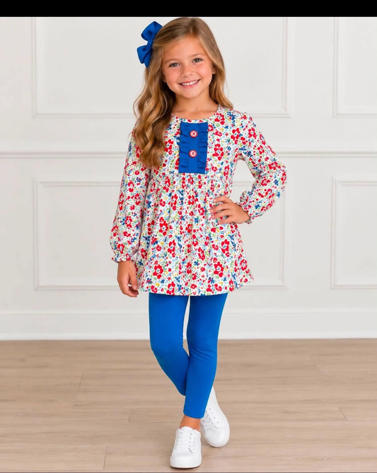 (Sample) No moq milk silk GLP3522 Baby Girls Red Blue Flowers Button Tunic Leggings Casual Outfit