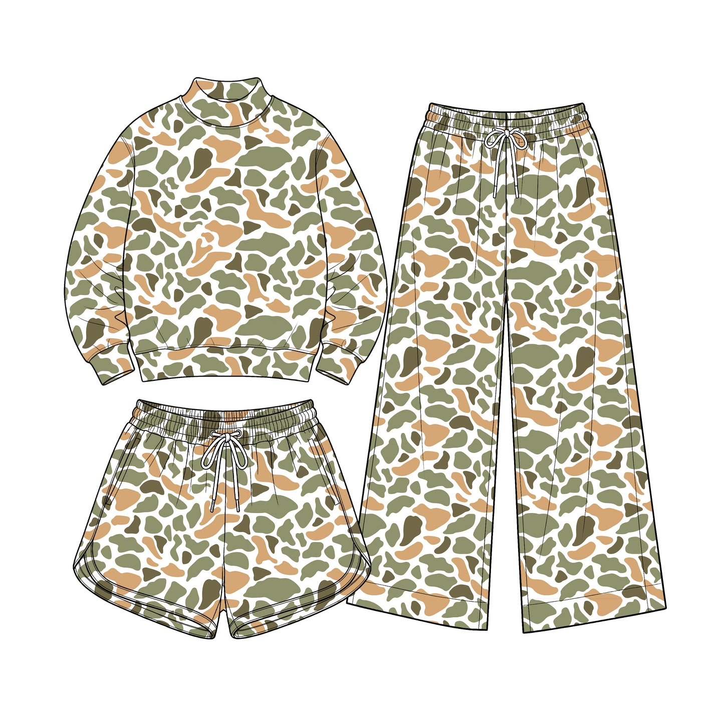 (Preorder new) No moq Baby Girls moq 5 Baby Girls Wood Camo Long Sleeve Top Pockets Shorts Yoga Active Clothes 3 piece Set