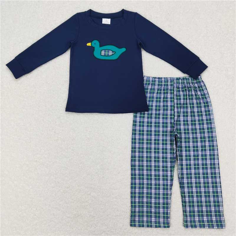 RTS NO MOQ（In Stock) Baby Boys Toddler Duck Navy Shirts Gingham Pants Clothes Sets