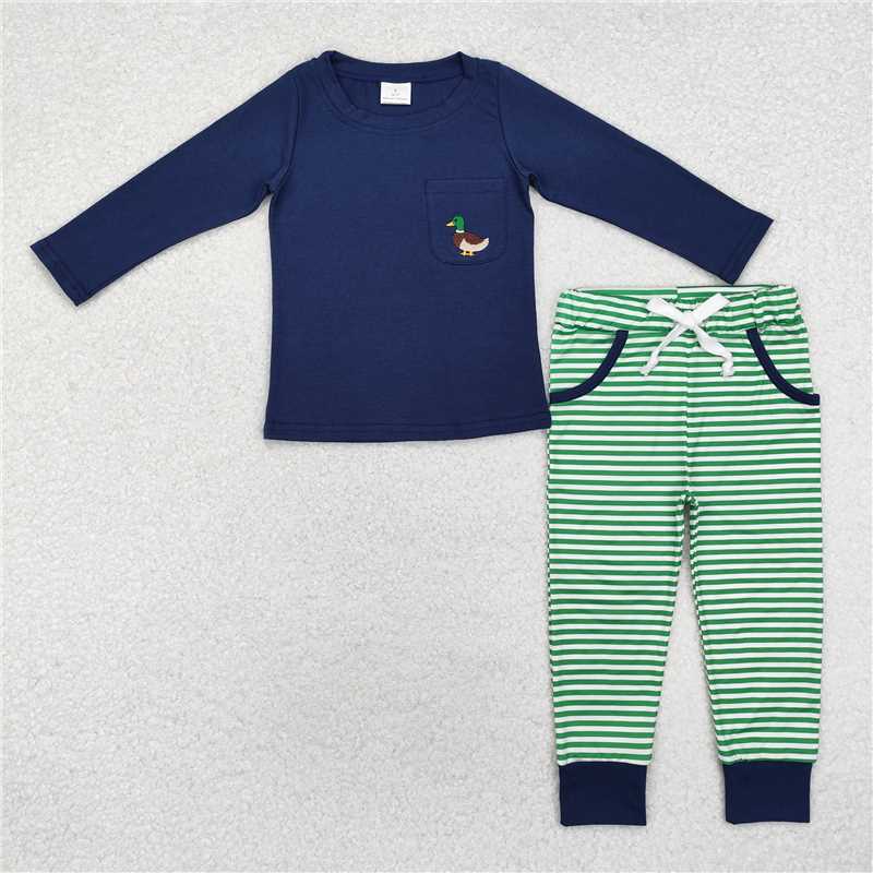 RTS NO MOQ（In Stock) BLP0795 Baby Boys Blue Mallard Duck Pocket Top Stripes Pants Outfits Sets