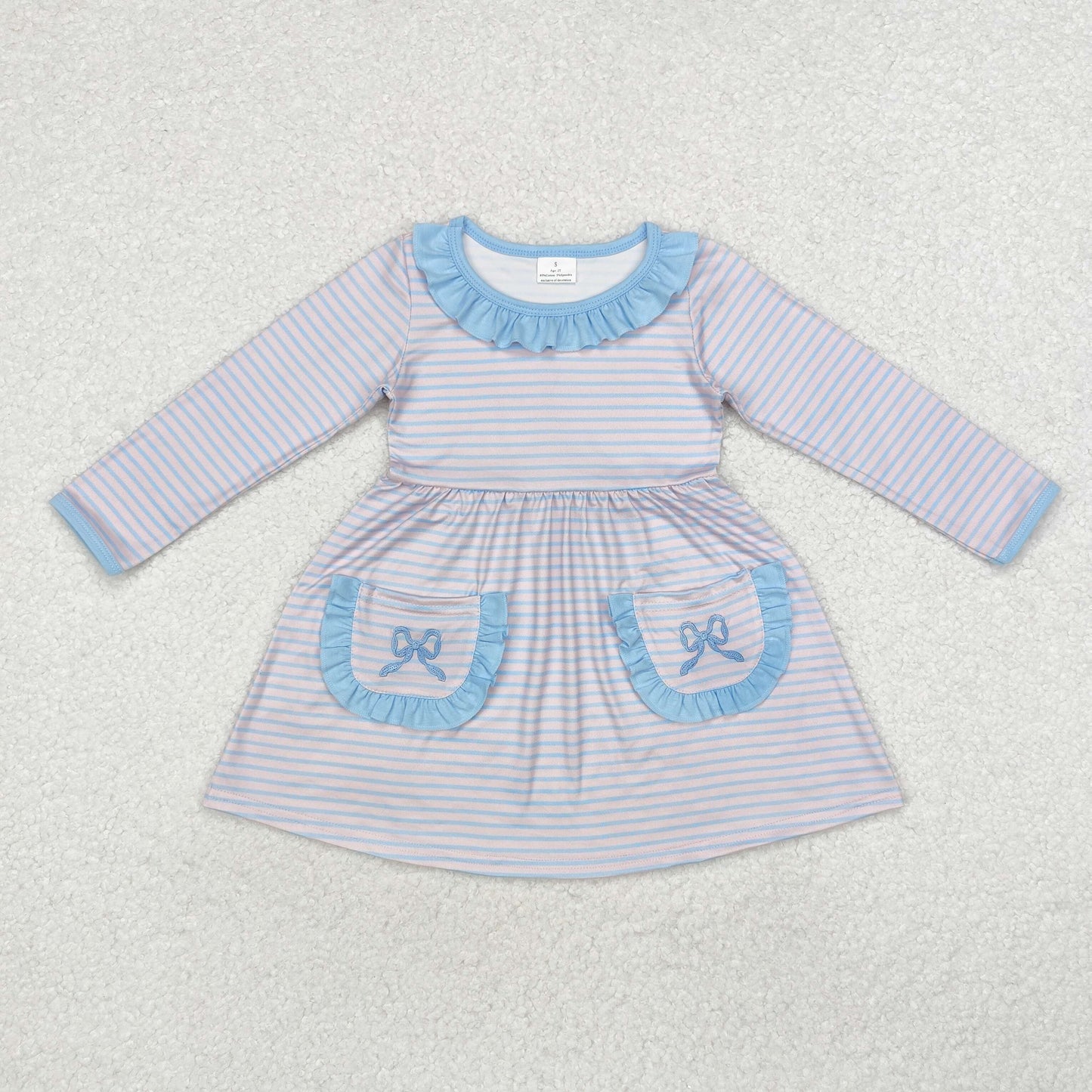 RTS NO MOQ Baby Girls Embroidery Bow Blue Long Sleeve Dress & Romper