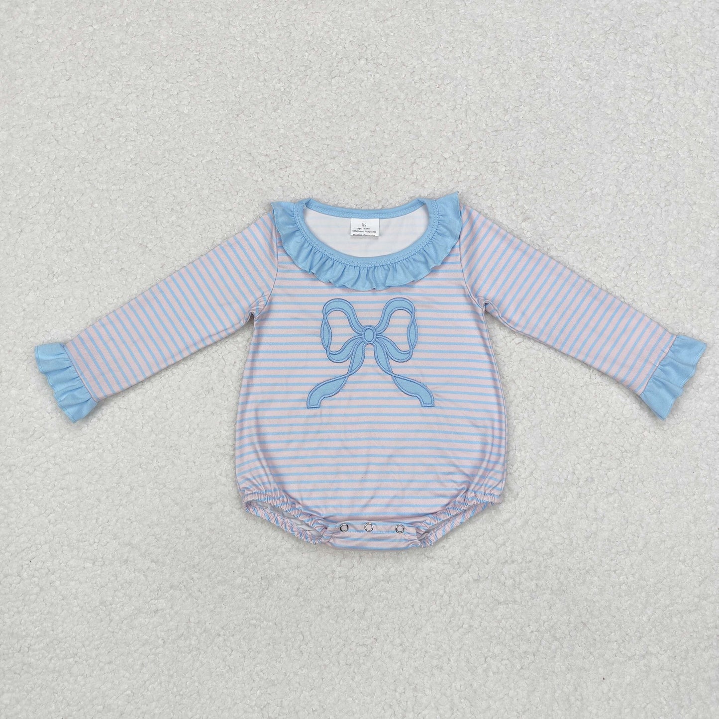 RTS NO MOQ Baby Girls Embroidery Bow Blue Long Sleeve Dress & Romper