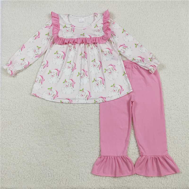 Baby Girls Christmas Pink Santa Collection - Tunic Ruffle Pant Set & Ruffle Romper