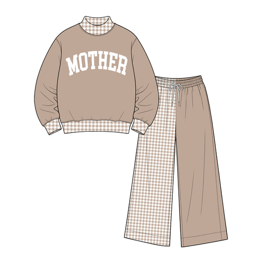 custom moq 5 mix size XY071715 Baby Kids Letter Printed Light khaki Long Sleeve Tops Patchwork Pants Team Casual Clothes Set