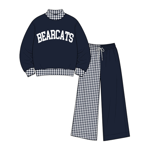 custom moq 5 mix size XY071717 Baby Kids Letter Printed Navy Blue Long Sleeve Tops Patchwork Pants Team Casual Clothes Set