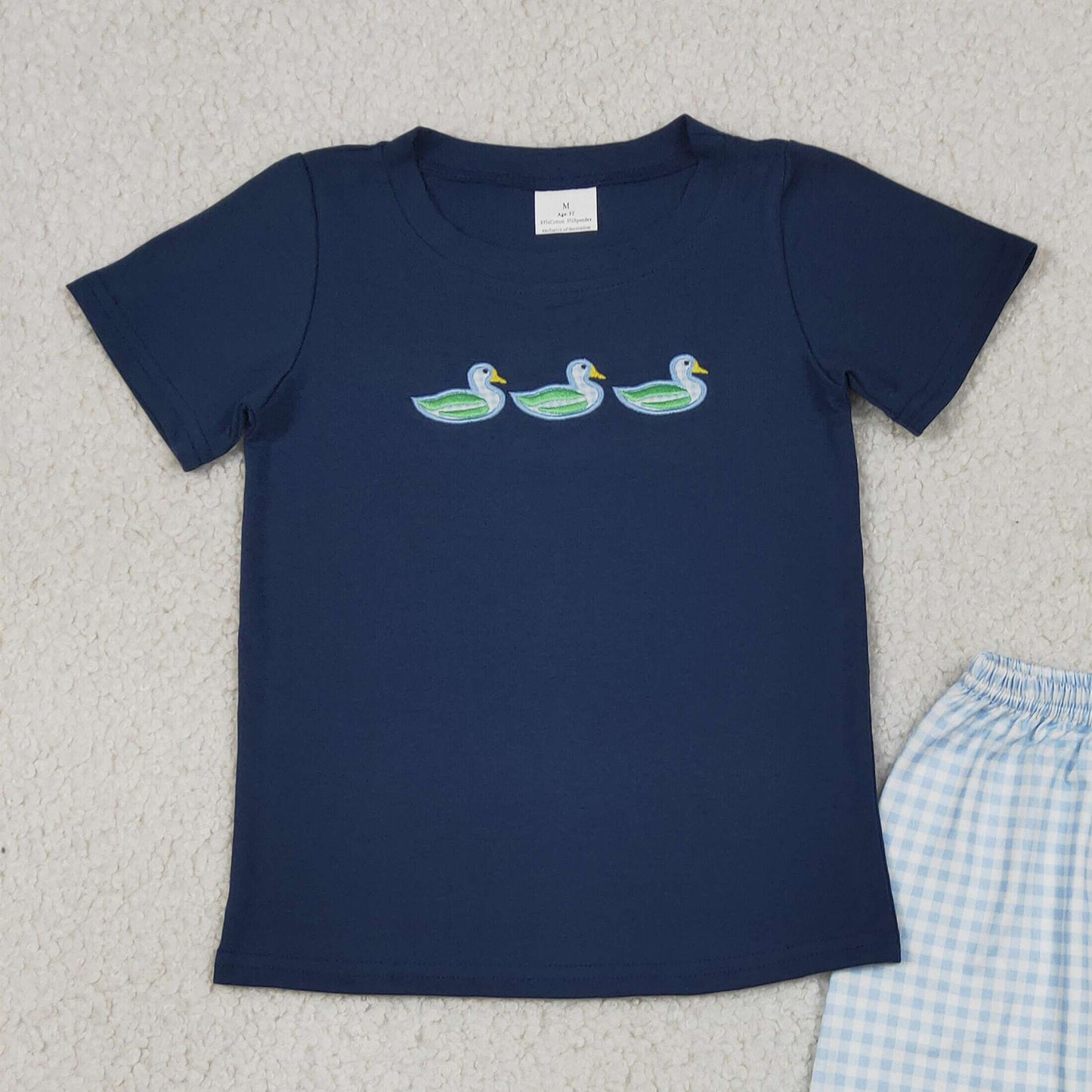 RTS NO MOQ milk silk BSSO1938 Navy Embroidery Duck Baby Boys Top Plaid Shorts Hunting Outfits