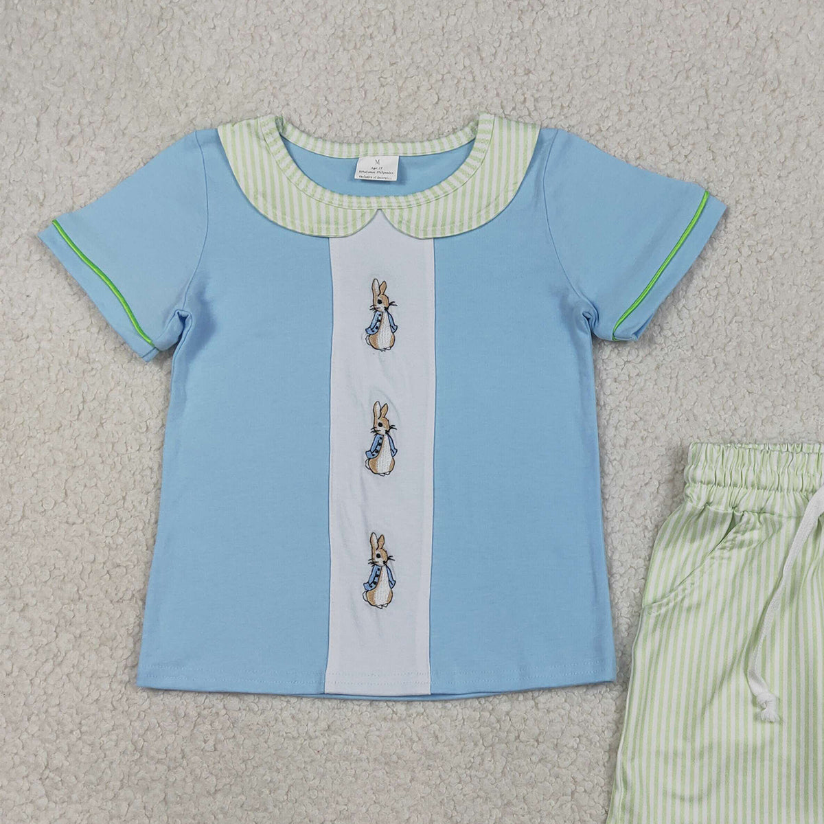 RTS NO MOQ BSSO1564 Embroidered Rabbit Baby Boys Outfit with Collar Top And Shorts Easter Clothing Set