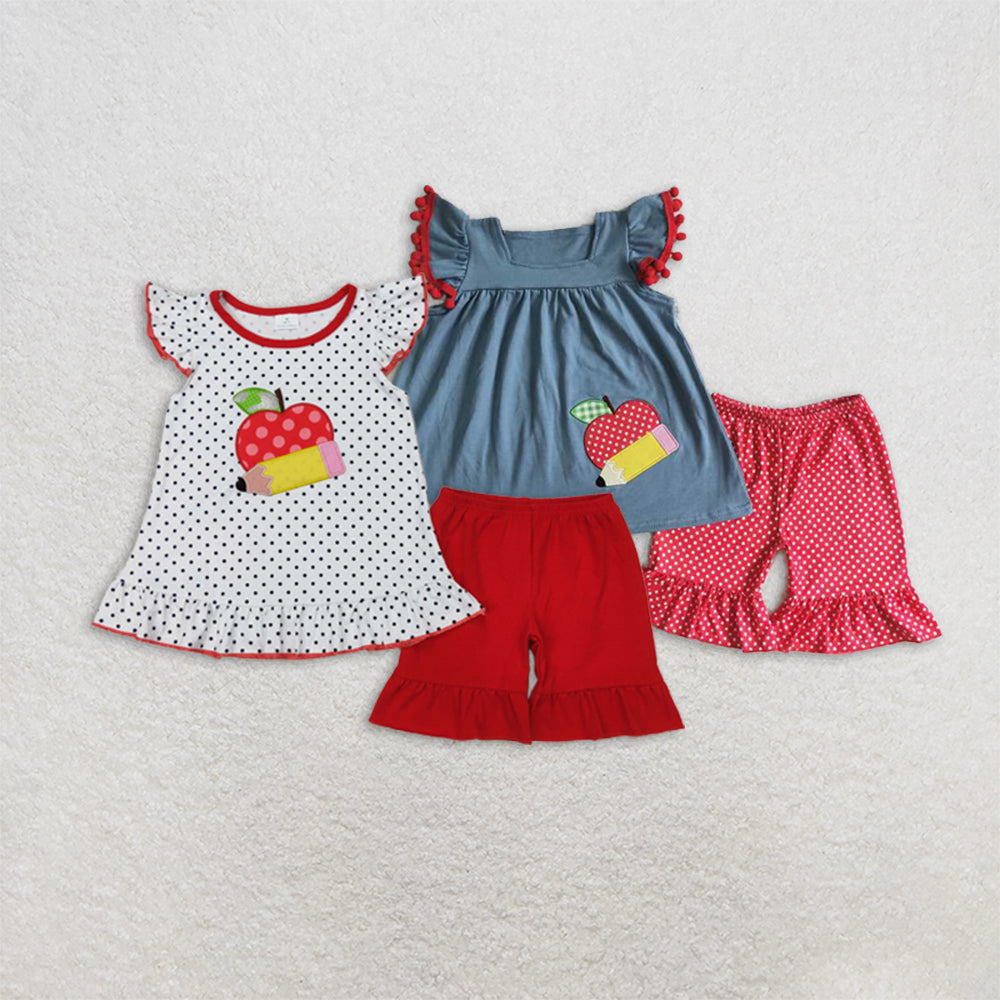 RTS NO MOQ Girls Boys back to school embroidery short sleeve Clothes Sets