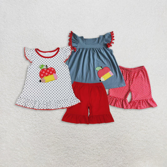 RTS NO MOQ Girls Boys back to school embroidery short sleeve Clothes Sets