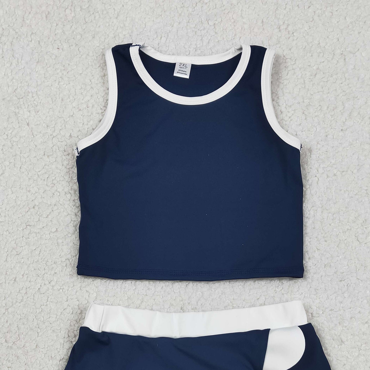 RTS NO MOQ yoga fabric cotton GSD4024 Baby Girls Sleeveless Navy White Scallop Skirt Yoga Active Outfit Set