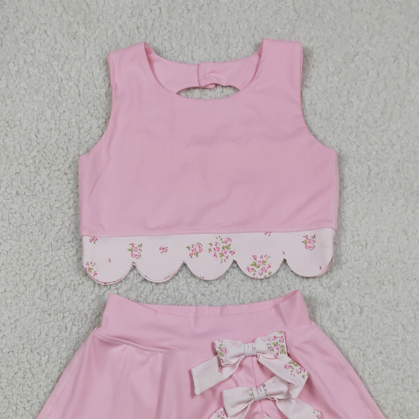 RTS NO MOQ yoga fabric GSD3321 Baby Girls Light Pink Floral Vest Bow Scallop Skort Active Set
