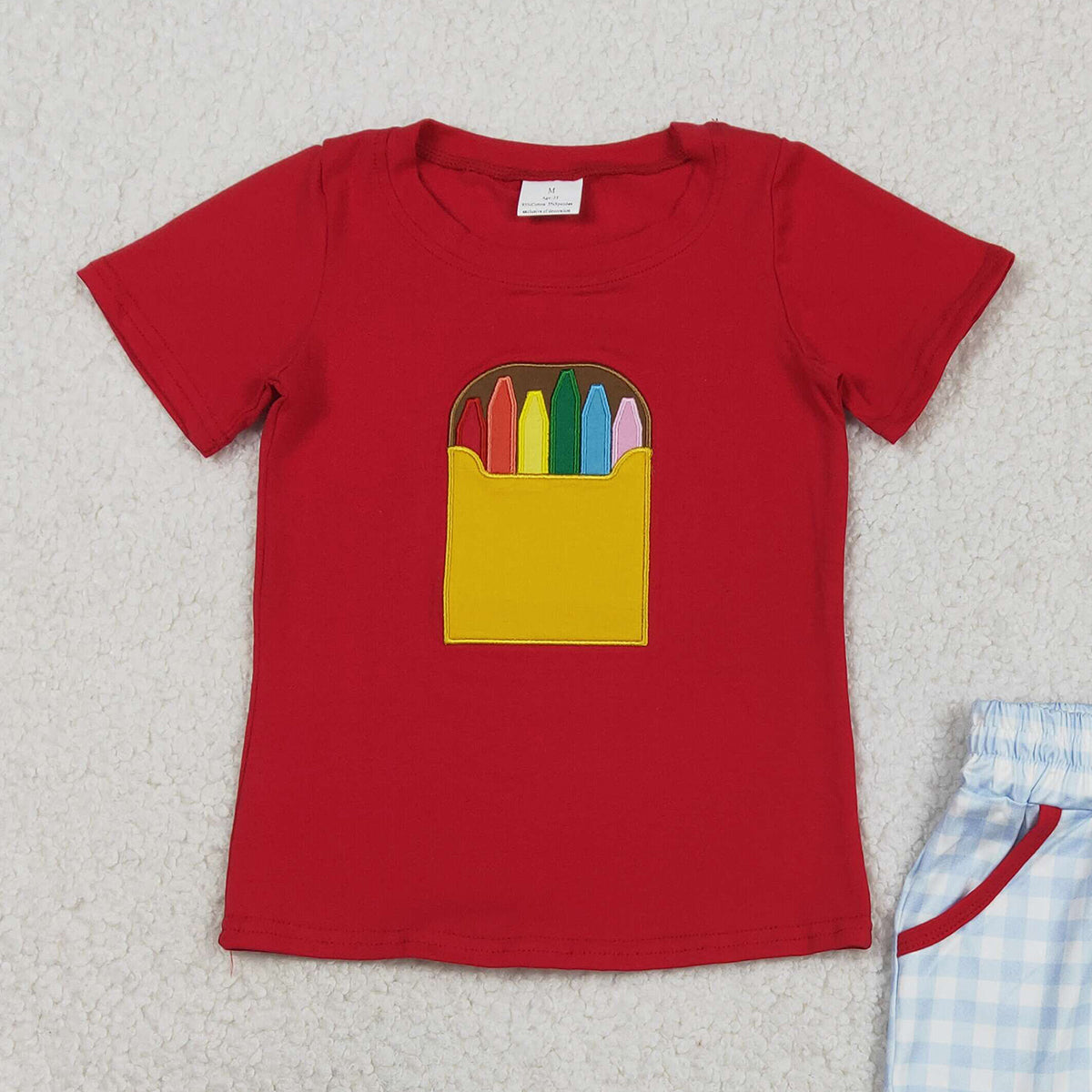 RTS NO MOQ BSSO1819  Baby Boys Red Embroidery Short-Sleeved Top Plaid Shorts Outfit for Back to School