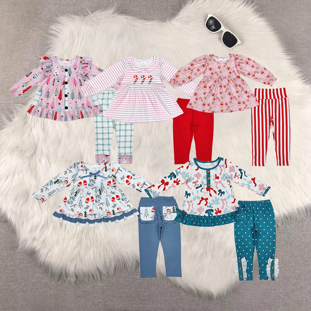 RTS NO MOQ Sibling Baby Girls Christmas trees Long Sleeve Pants Set