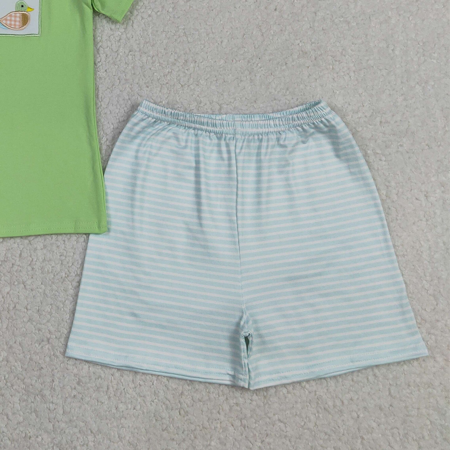 RTS NO MOQ milk silk BSSO1946 Baby Boys Hunting Duck Embroidery Striped Shirt And Shorts Set