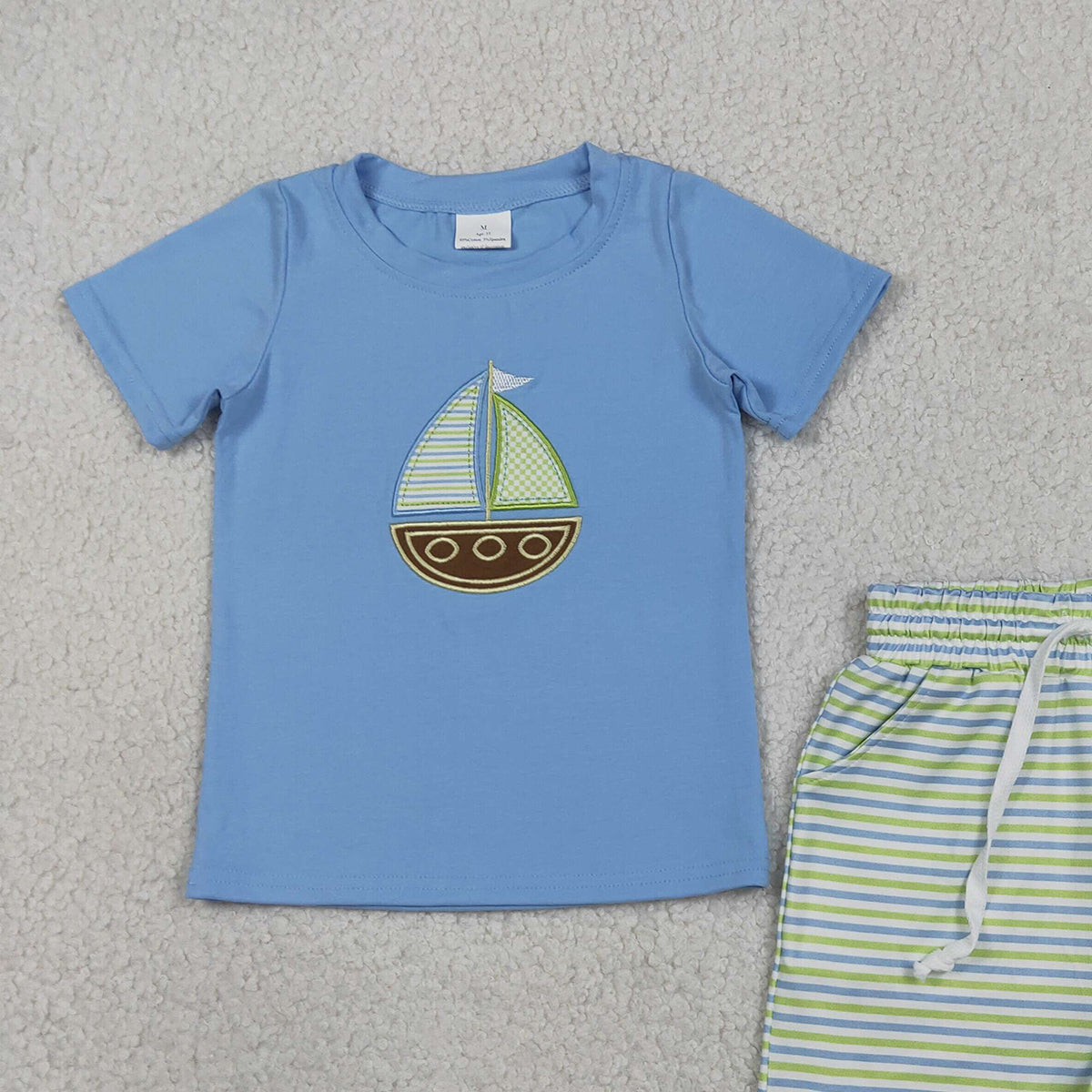 RTS NO MOQ BSSO1860 Baby Boys Cute Blue Shirt with Embroidery Boats Stripe Pocket Shorts Outfit Set
