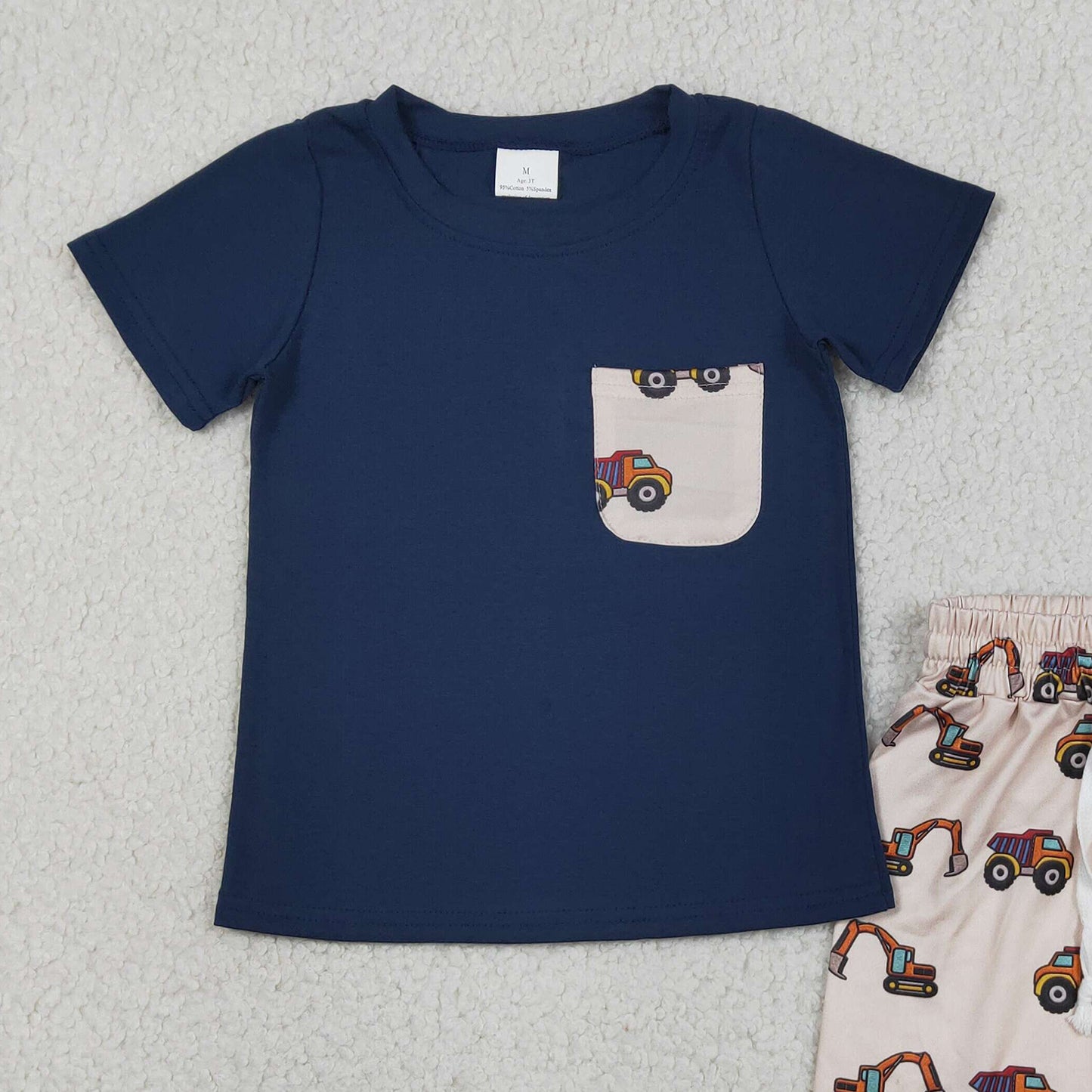 RTS NO MOQ BSSO1364 Baby Boys Summer Navy Pocket Top Excavator Print Shorts