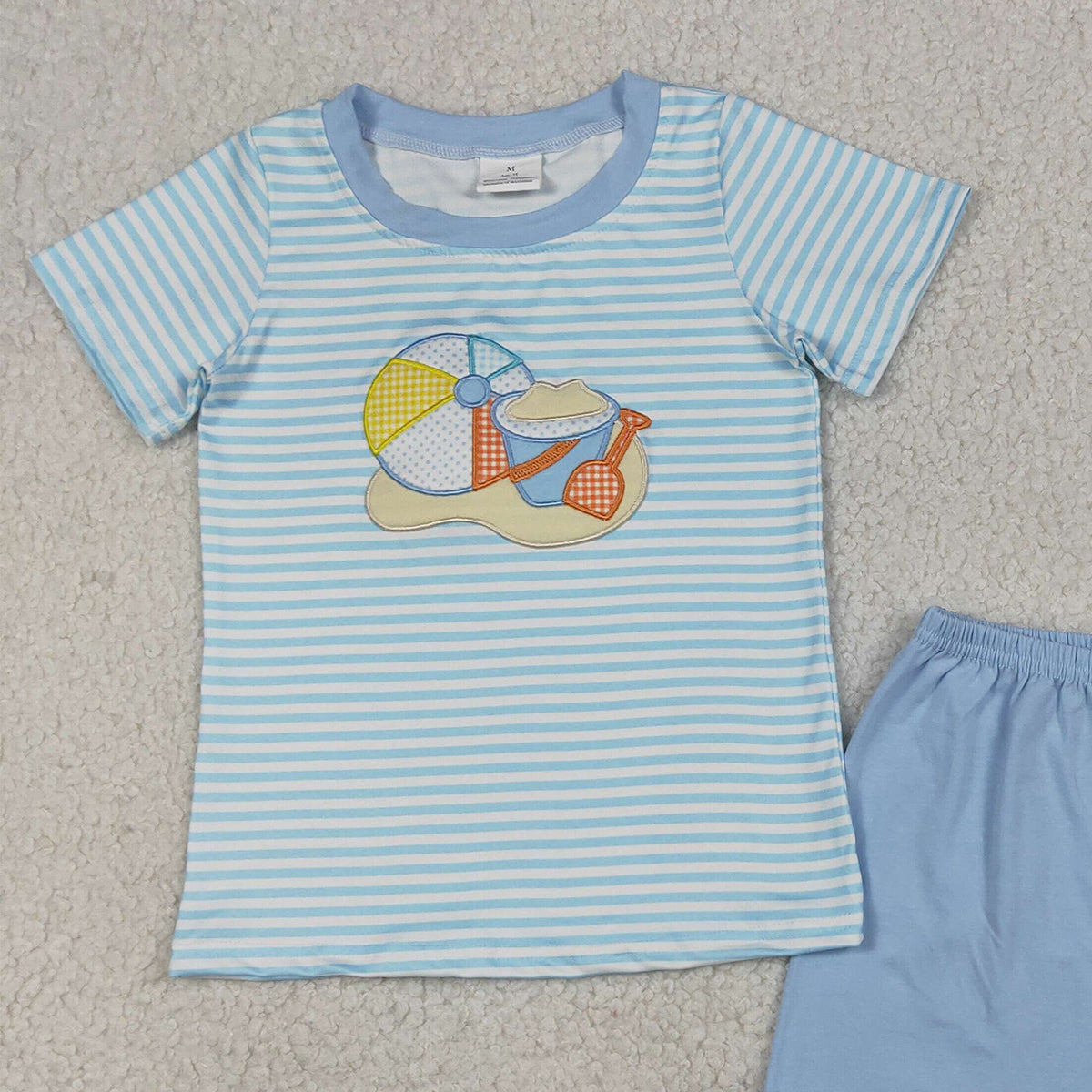 RTS NO MOQ BSSO1834 Embroidery Beach Baby Boys Blue Stripe Top And Shorts Outfit Set Baby Boy Clothing Set
