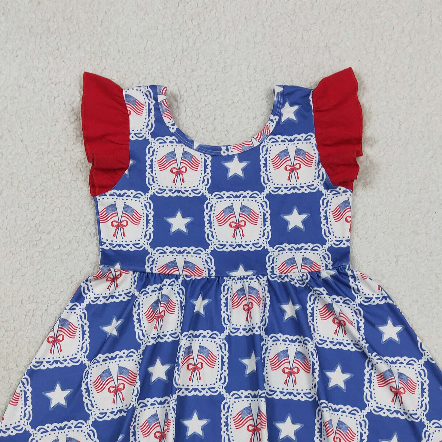 RTS NO MOQ milk silk GSD3514 Baby Girls Cute Stars Flags Checked Flutter Sleeve 4th of July Dresses