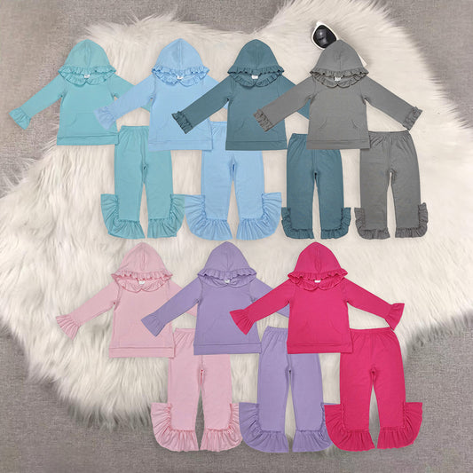 RTS NO MOQ Sibling baby girl clothes Ruffled Lace Button Hooded Pullover Long Sleeve Pants Sets